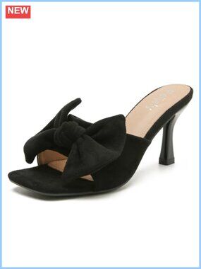 Square Open Toe Bow Mule Sandals Kitten Heel Slip-On Women's Dress Shoes